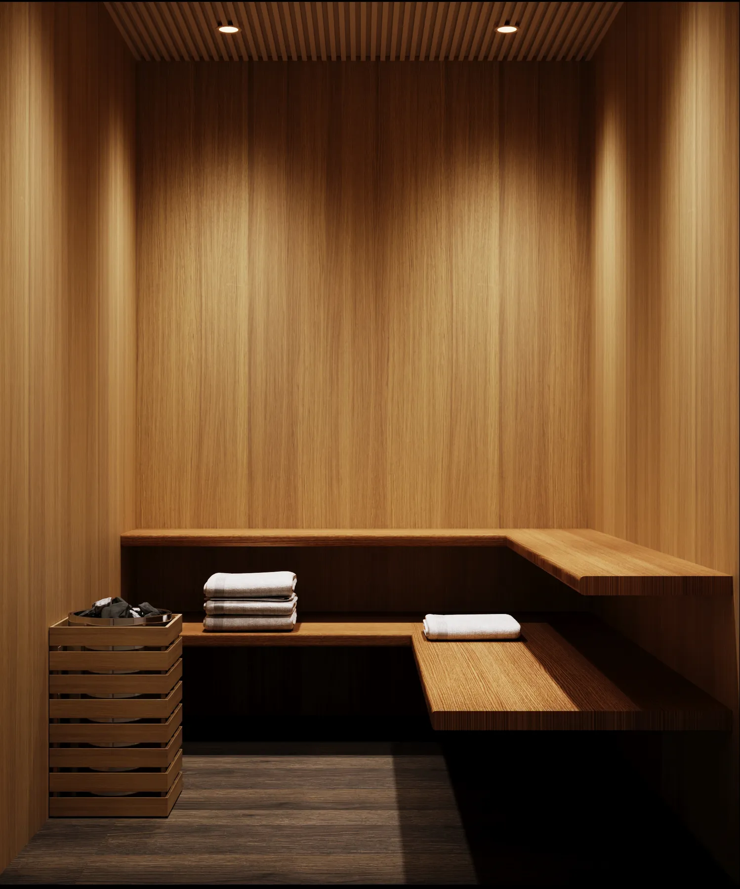 The sauna: tiered timber benches with folded towels and a stove, lit from the slatted ceiling