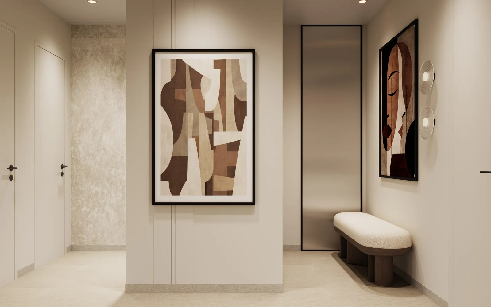 A changing room with two framed abstract prints, a bench and lockers in a cream corridor