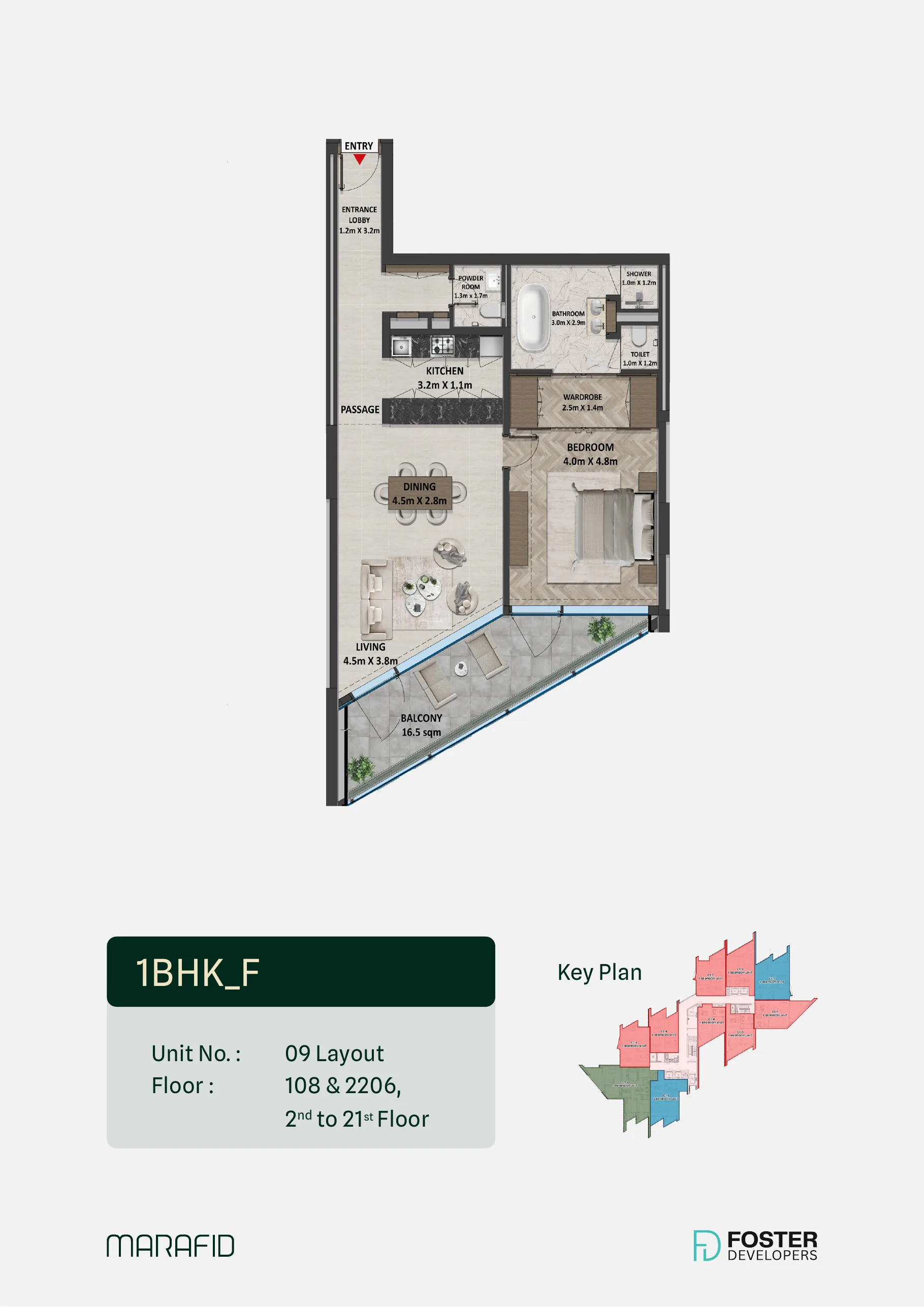 Marafid Tower 1 bed floor plan — Type F, 1,202 sqft
