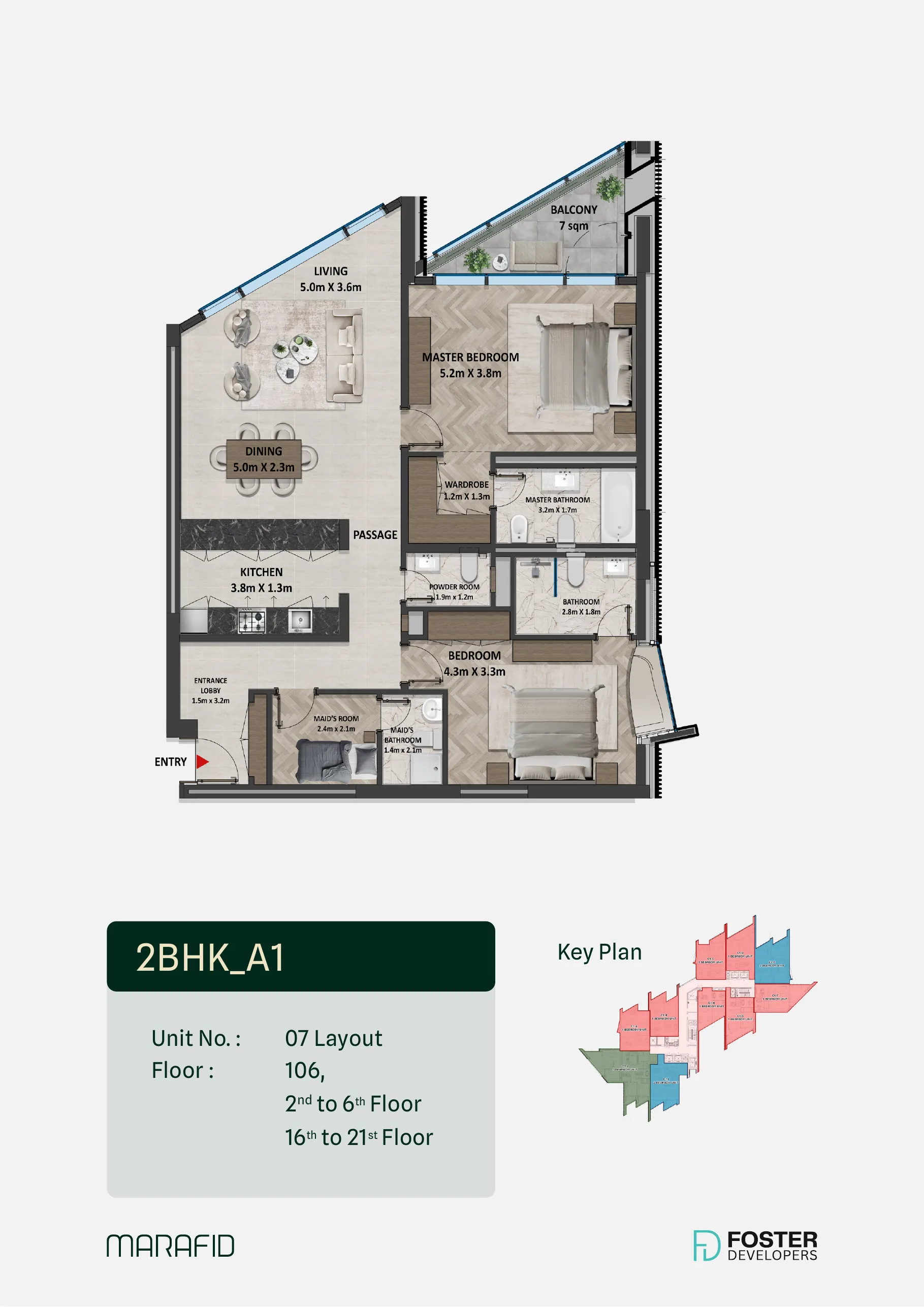 Marafid Tower 2 bed floor plan — Type A1 · maid’s room, 1,436 – 1,438 sqft