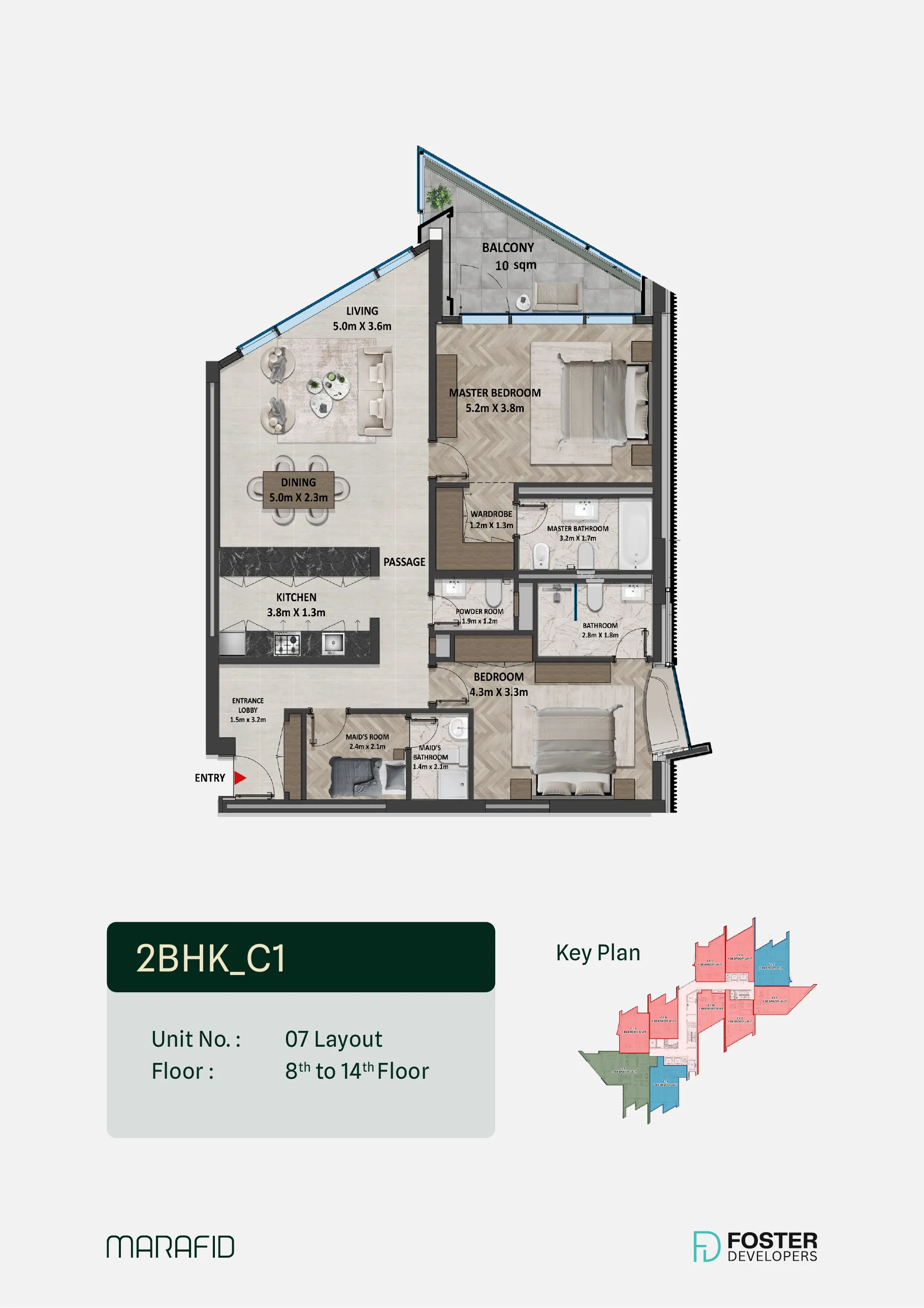 Marafid Tower 2 bed floor plan — Type C1 · maid’s room, 1,477 sqft