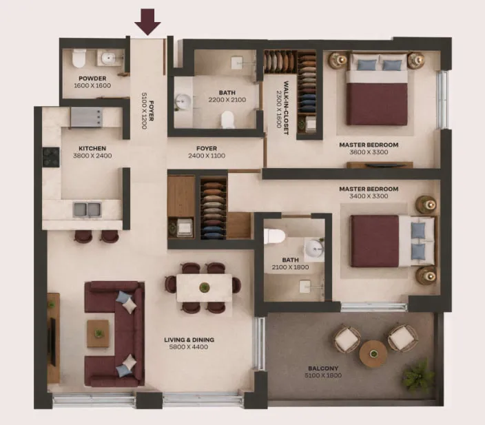 New Project by Grid Properties 2 bed floor plan, 1,153 sqft