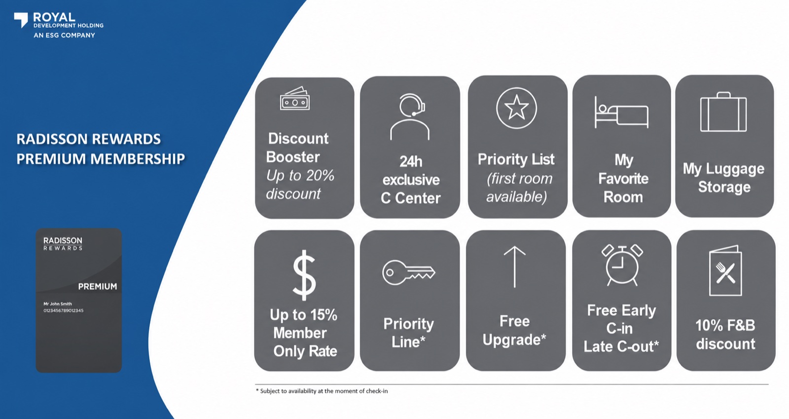 Radisson Rewards Premium Membership benefits: discount booster up to 20%, 24h exclusive customer centre, priority list for the first available room, my favourite room, my luggage storage, up to 15% member-only rate, priority line, free upgrade, free early check-in and late check-out, 10% F&B discount