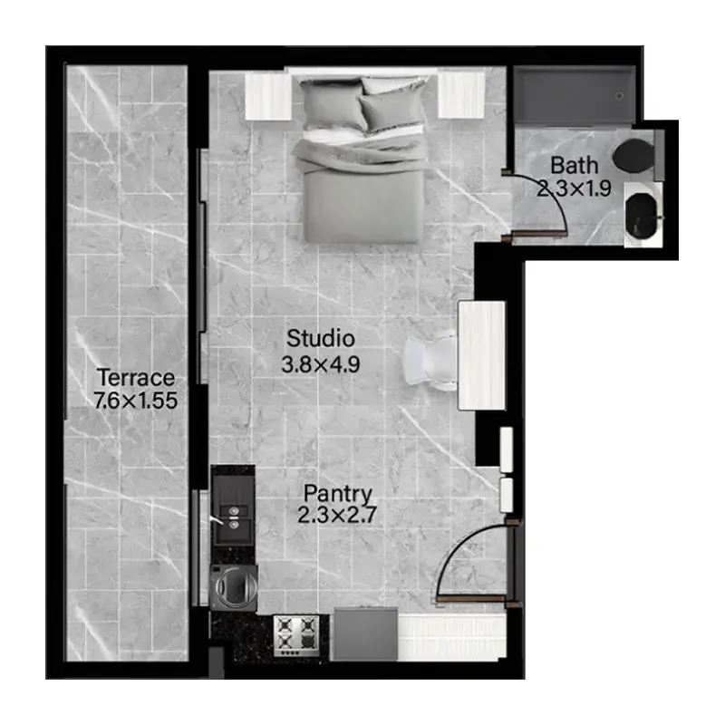 Rose Gardens 2 Studio floor plan, 529 sqft