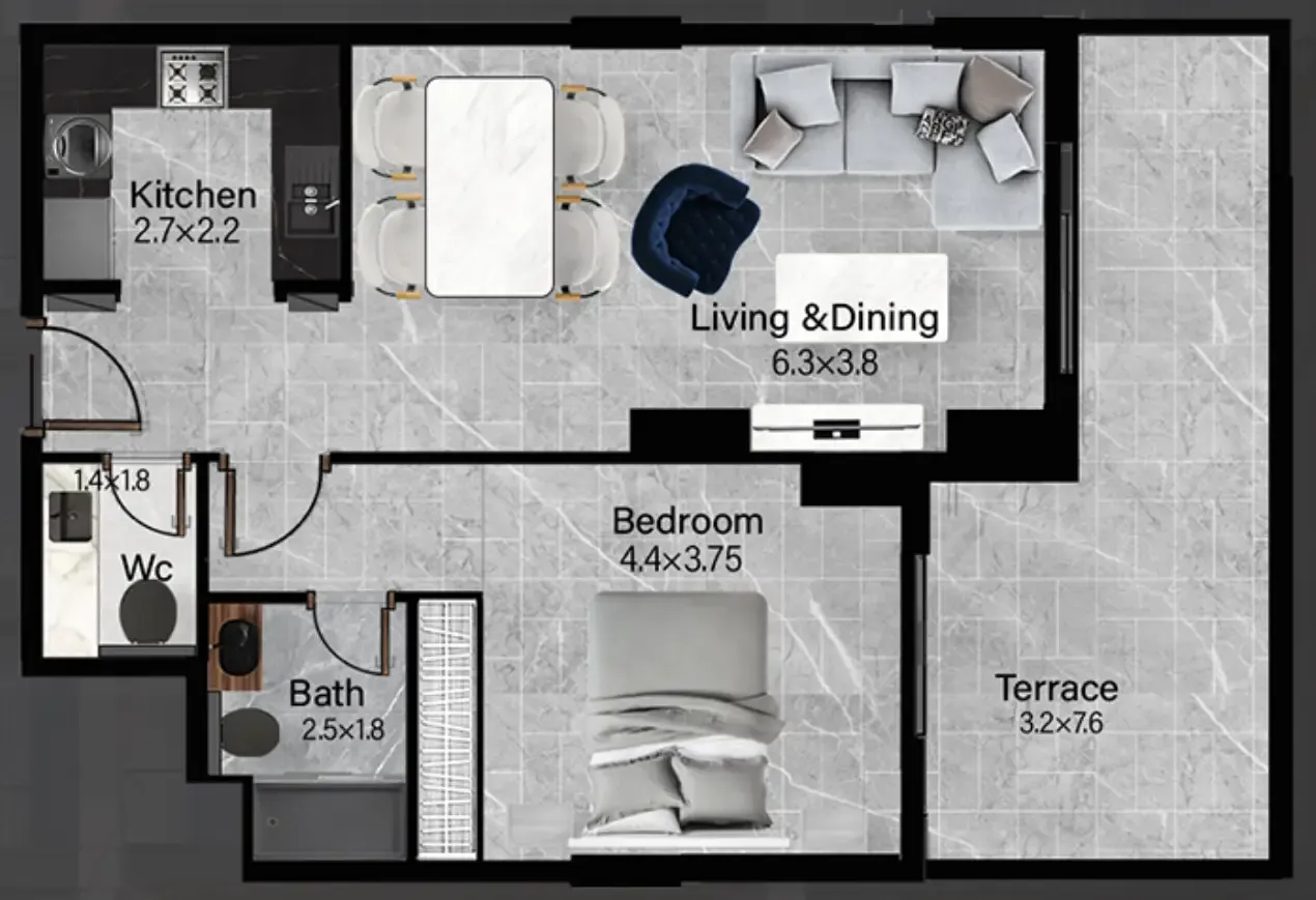 Rose Gardens 2 1 bed floor plan, 924 sqft
