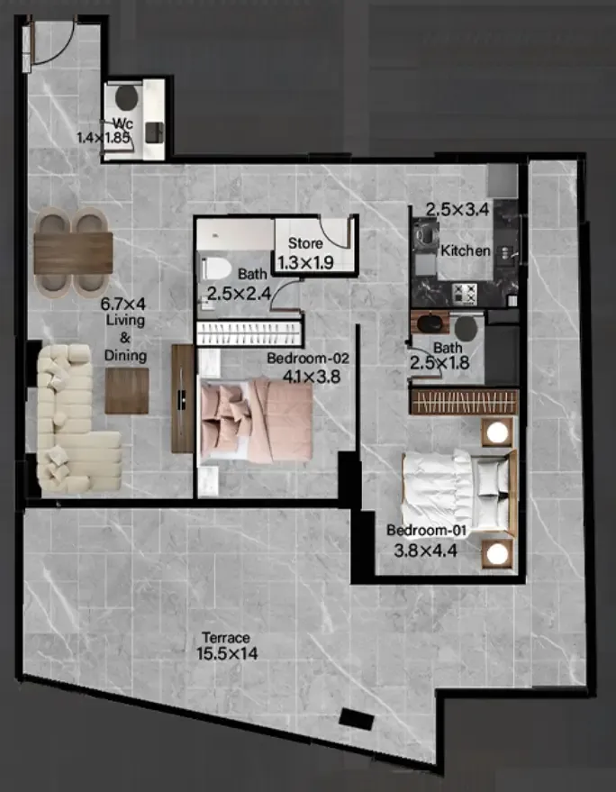Rose Gardens 2 2 bed floor plan, 2,047 sqft