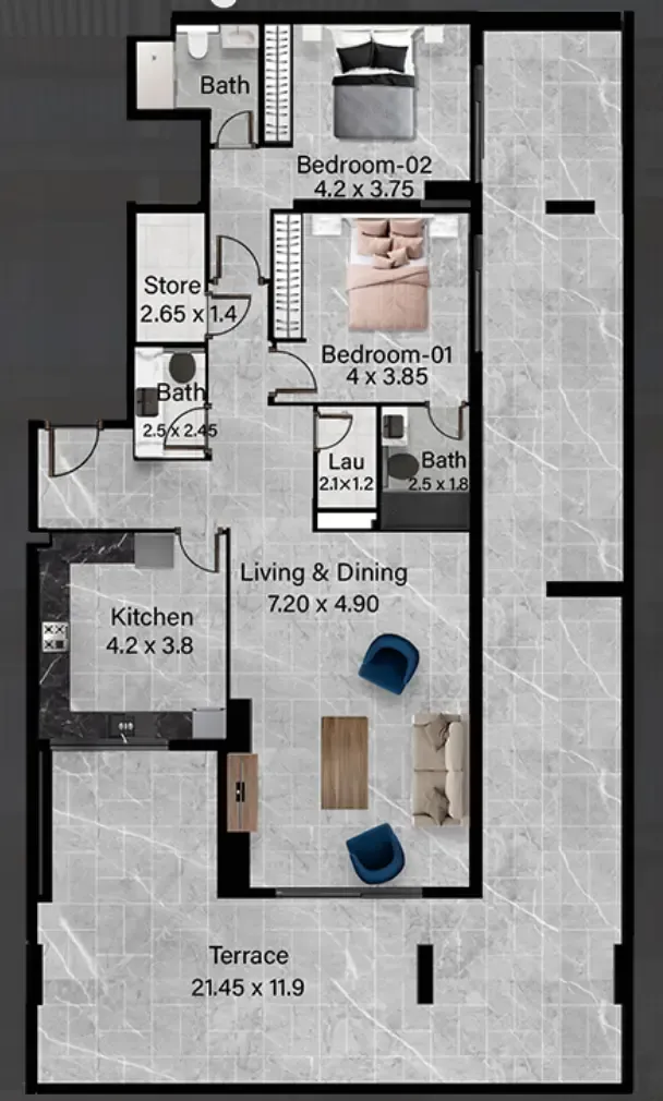 Rose Gardens 2 2 bed floor plan, 2,585 sqft