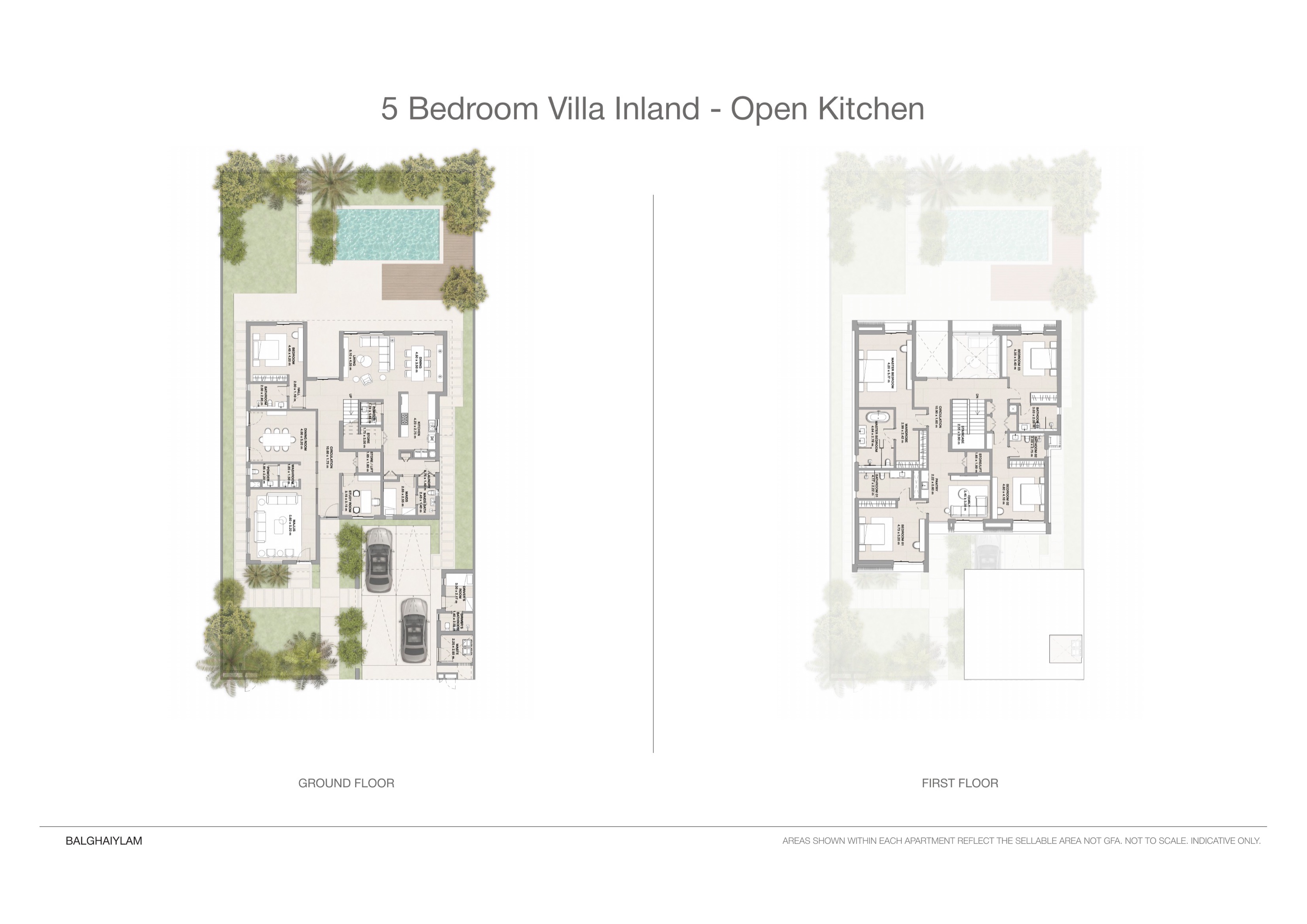 Yas Riva Reserve 5 bed floor plan — Inland · open kitchen, 5,188 sqft