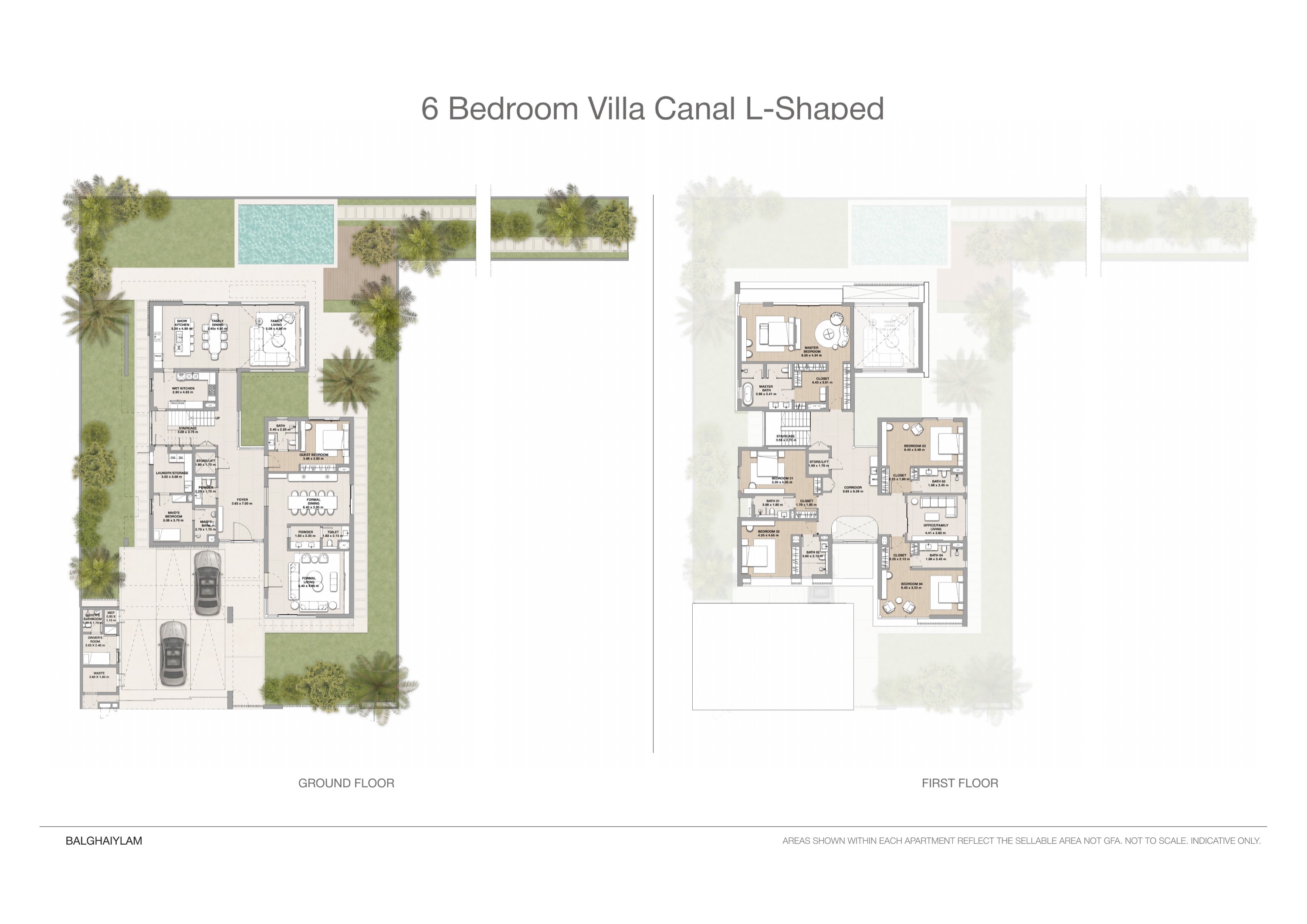 Yas Riva Reserve 6 bed floor plan — Waterfront · canal, L-shaped, 6,555 sqft